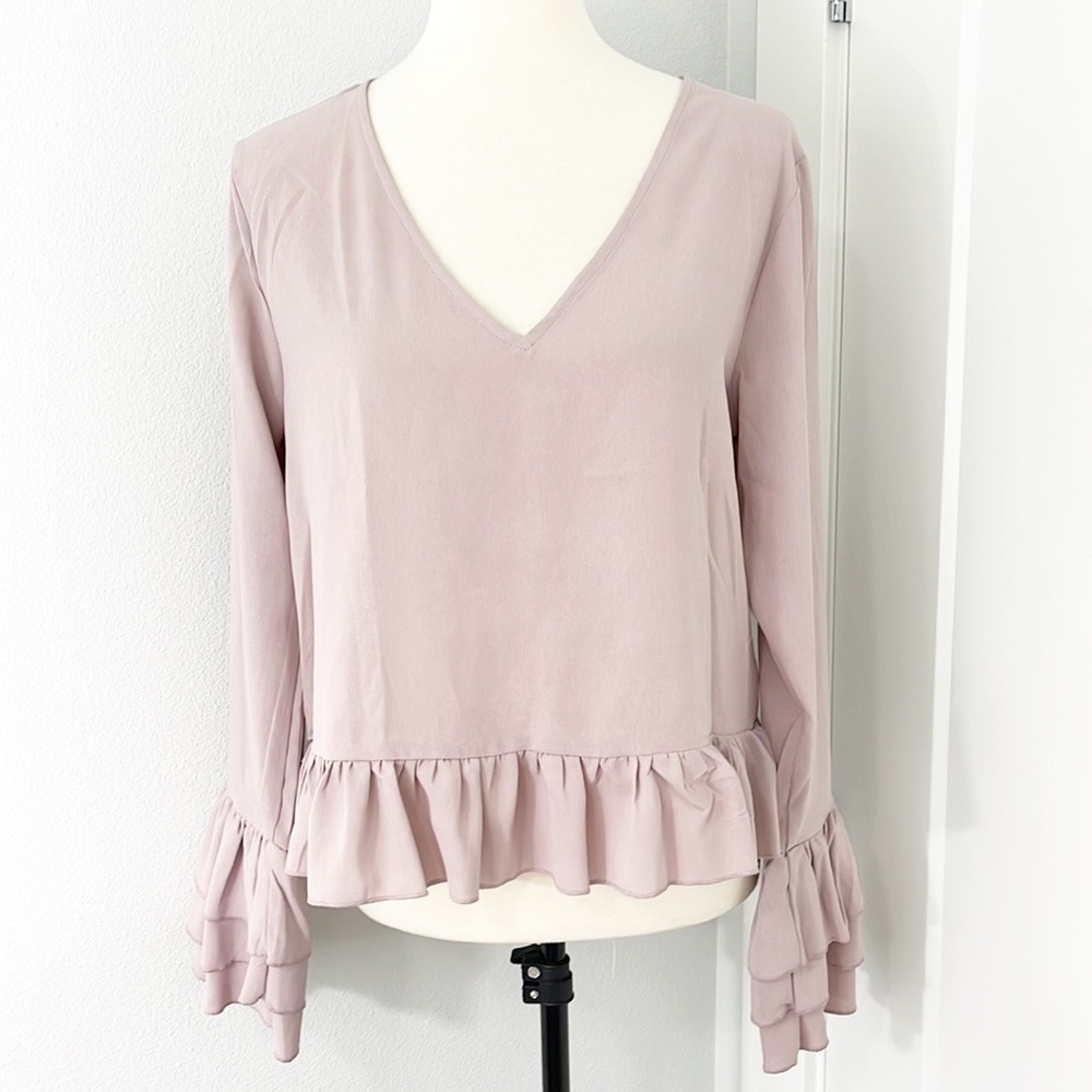 Lola Medium Pink Mauve Bell Sleeve Ruffle V-Neck Blouse